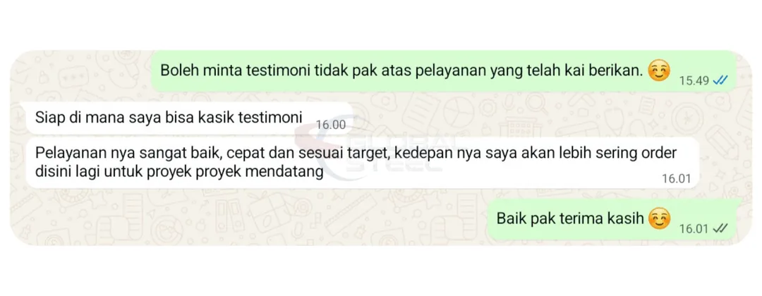 Screenshot chat testimoni Immanto Hilmi Okuma – Besi Beton Polos & Besi Beton Ulir